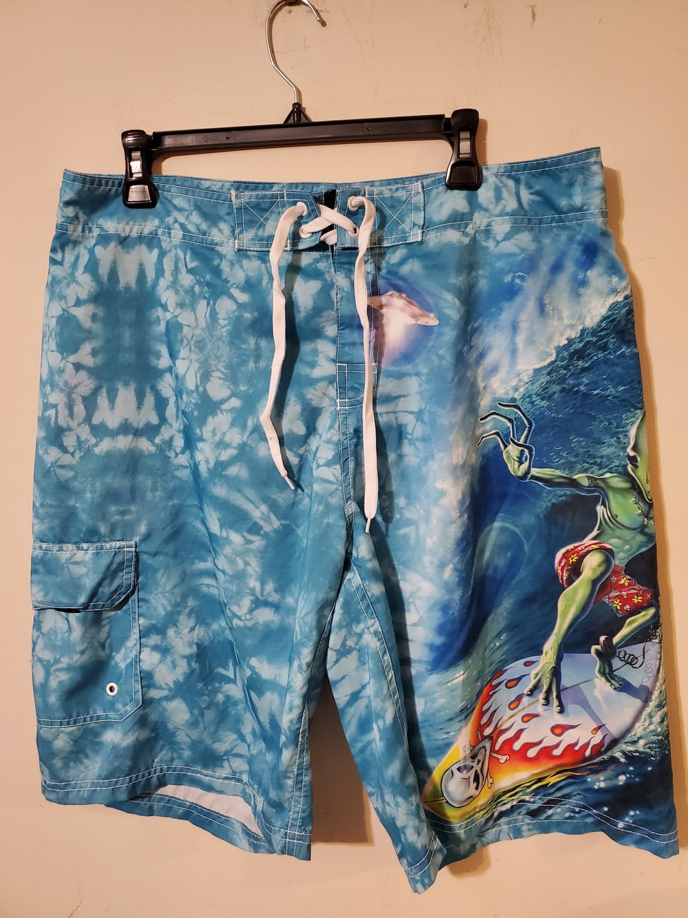 Mens Blue Tie-Dye Alien Graphic Swim Shorts Board Shorts Mens Sz 36